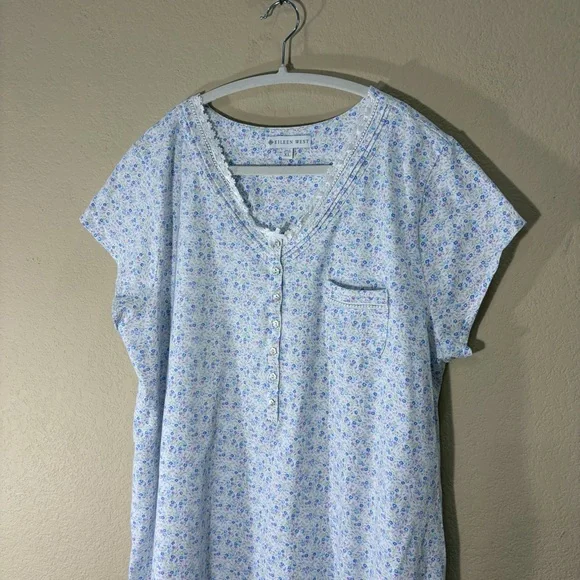 Eileen West lilac & blue tulip  Floral Cotton soft knit Nightgown Sz XL Lounge - Picture 2 of 9